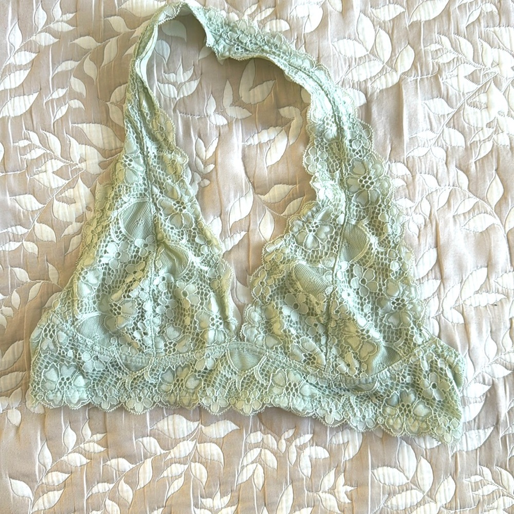 Lace, pale green colored halter bra top
